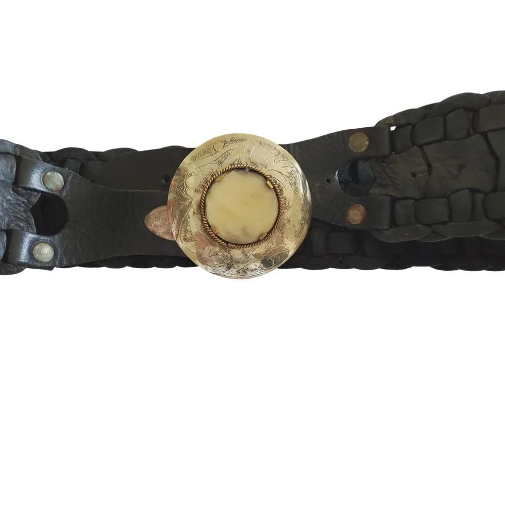 Vintage Boho‎ Black Woven Leather Wide Statement Belt Ornate Silver Stone Buckle